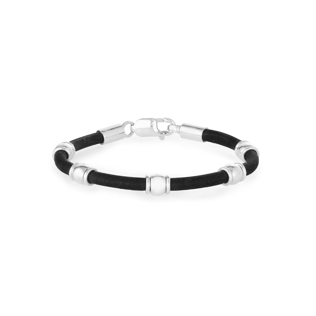 Silver and black leather bead bangle