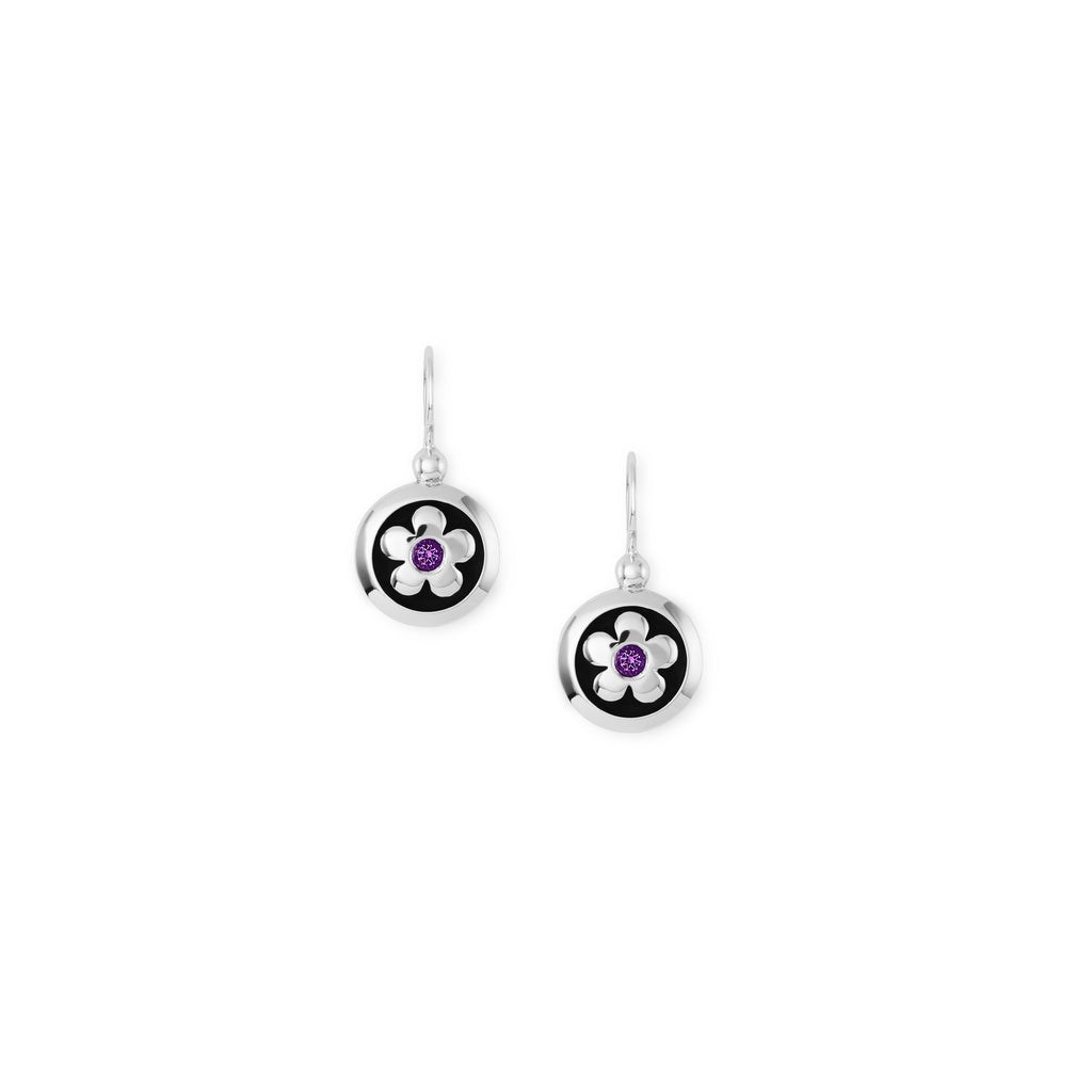 Silver and amethyst flower drop earrings