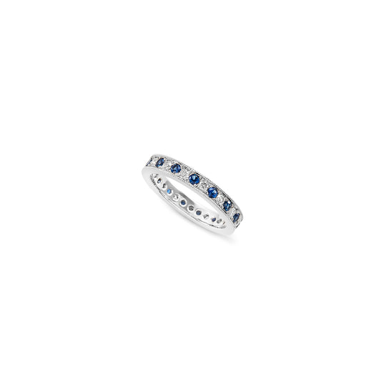 Platinum, diamond and blue sapphire eternity ring