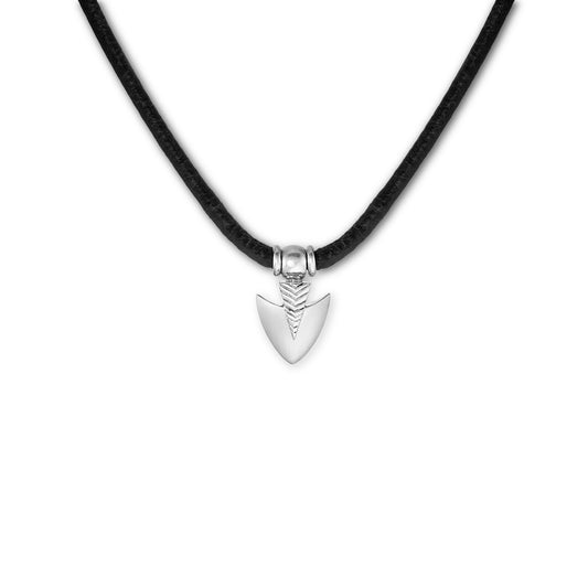Silver arrowhead pendant on black leather necklace