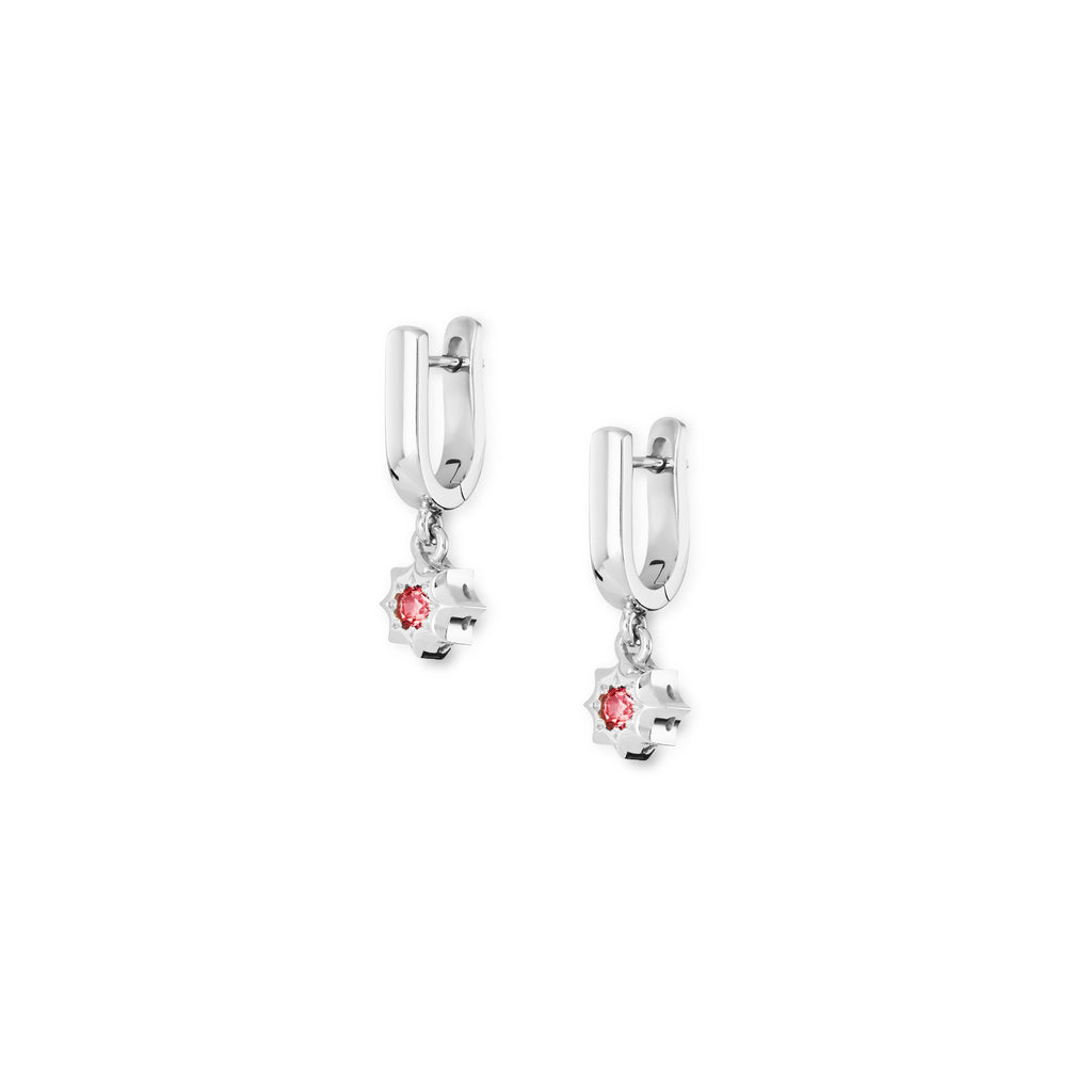 Silver and pink topaz starburst drop earrings