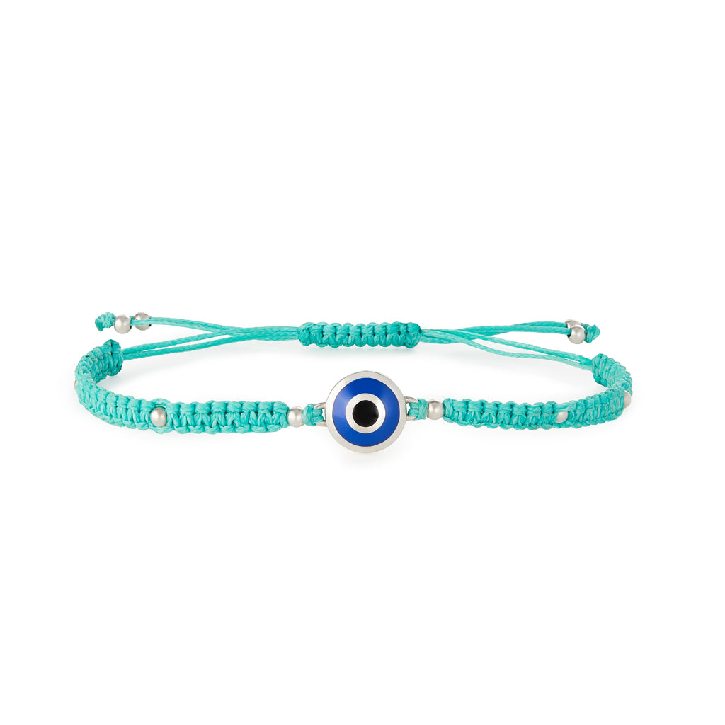 Silver, cobalt clue resin and turquoise macrame evil eye bracelet