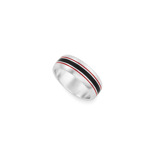 Silver, red and black resin ring
