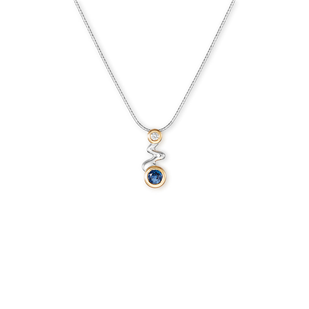 18k white gold, yellow gold, diamond and sapphire squiggle pendant