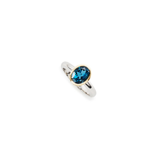 18k white and yellow gold, London blue topaz ring
