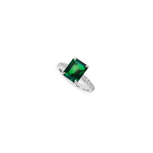 18k white gold, diamond and lab grown emerald ring