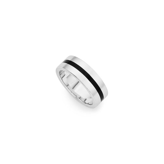 Silver and black resin stripe ring