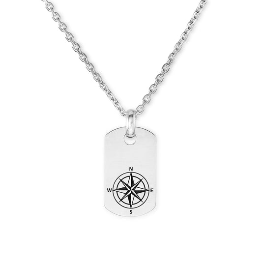 Silver dog tag wind rose pendant