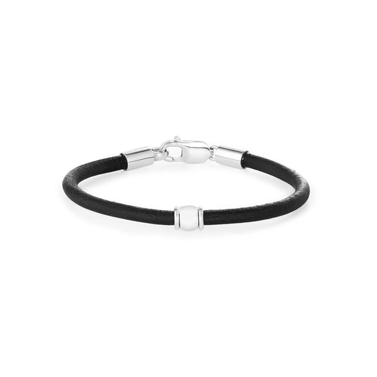 Silver and black leather bead bangle