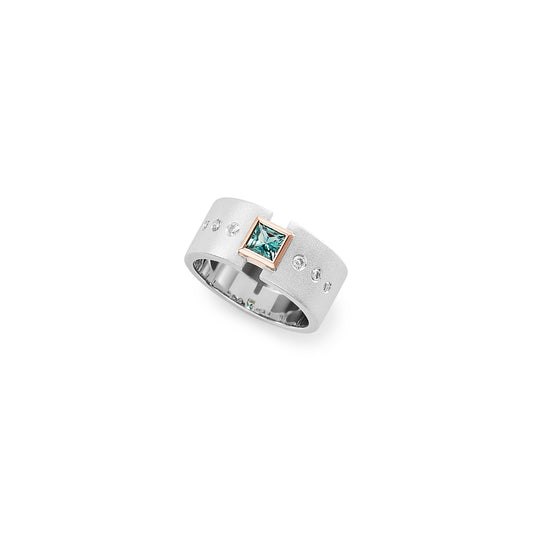 9k white and rose gold, diamond and blue green tourmaline ring