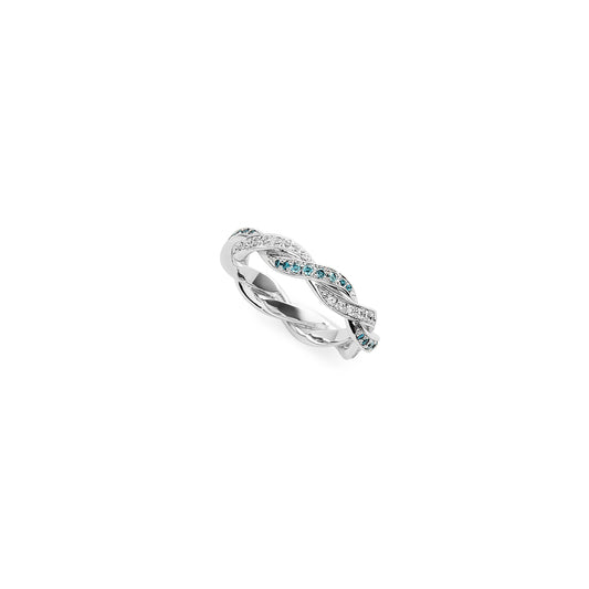 18k white gold, white and blue diamond twisted eternity ring