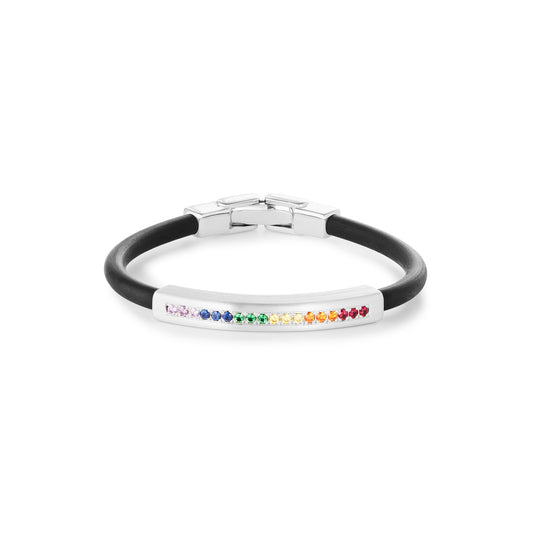 Silver, rainbow cubic zirconia and black rubber bangle