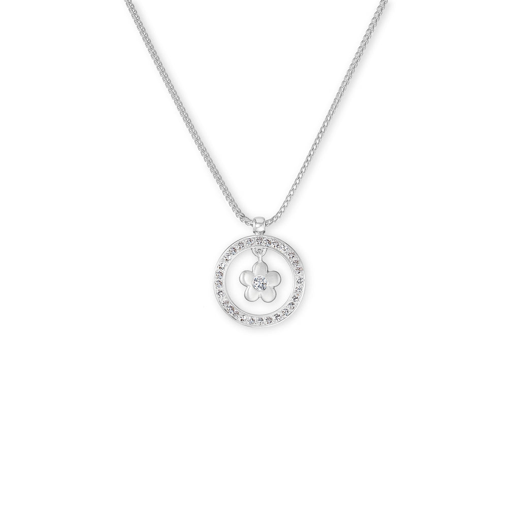 18k white gold and diamond circle and suspended flower pendant