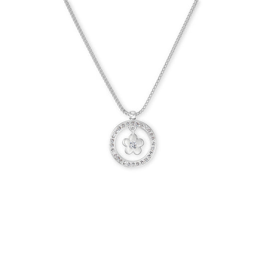 18k white gold and diamond circle and suspended flower pendant