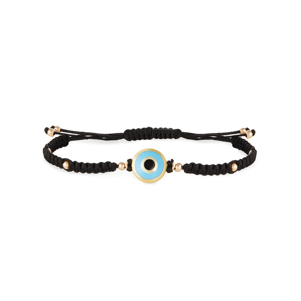 9k yellow gold, light blue resin and black macrame evil eye bracelet