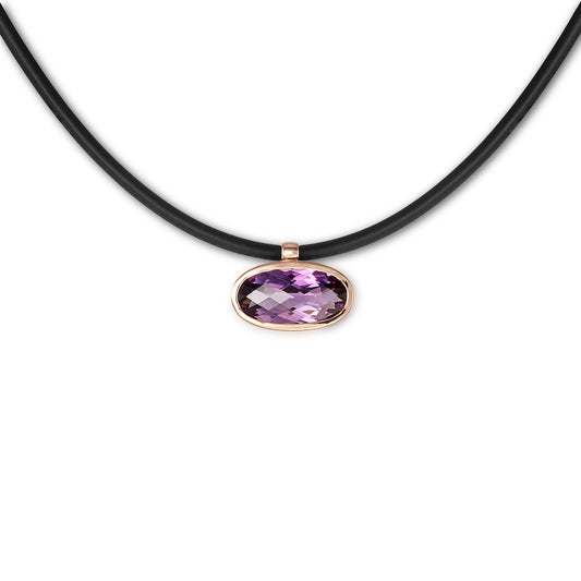 18k rose gold and amethyst pendant with black rubber necklace